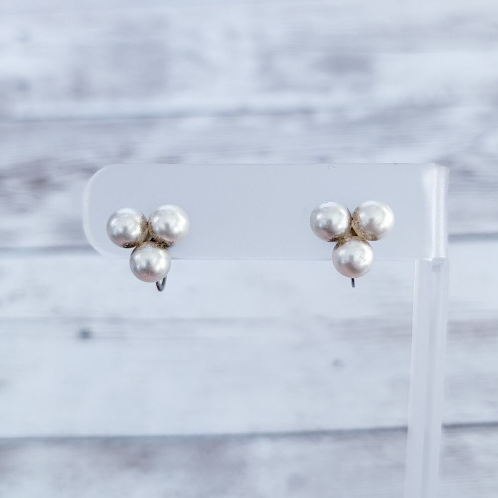 Vintage Screw On Earrings Dainty Faux Pearl Trio - Fair Condition